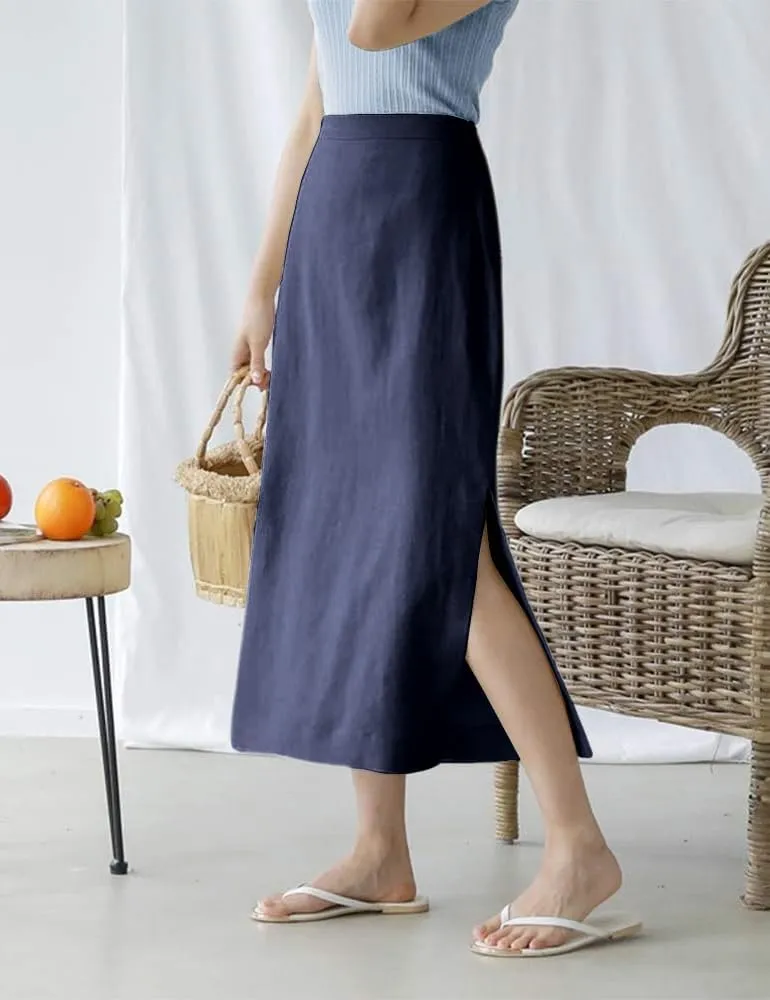 Ylingjun Womens High Waisted Straight Cotton Linen Long Skirt with Slit