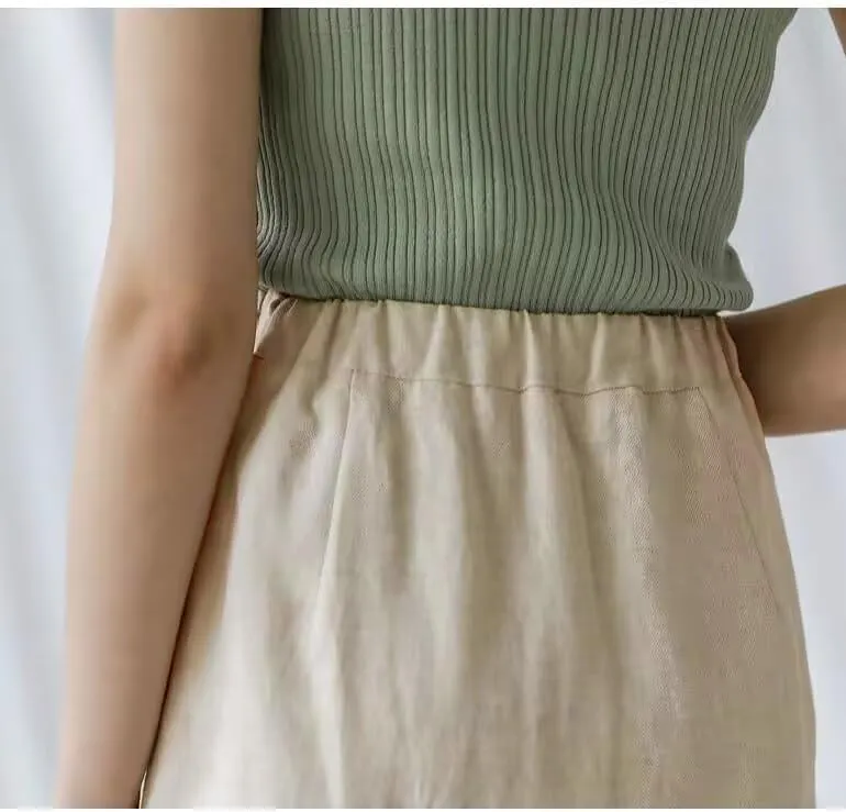 Ylingjun Womens High Waisted Straight Cotton Linen Long Skirt with Slit