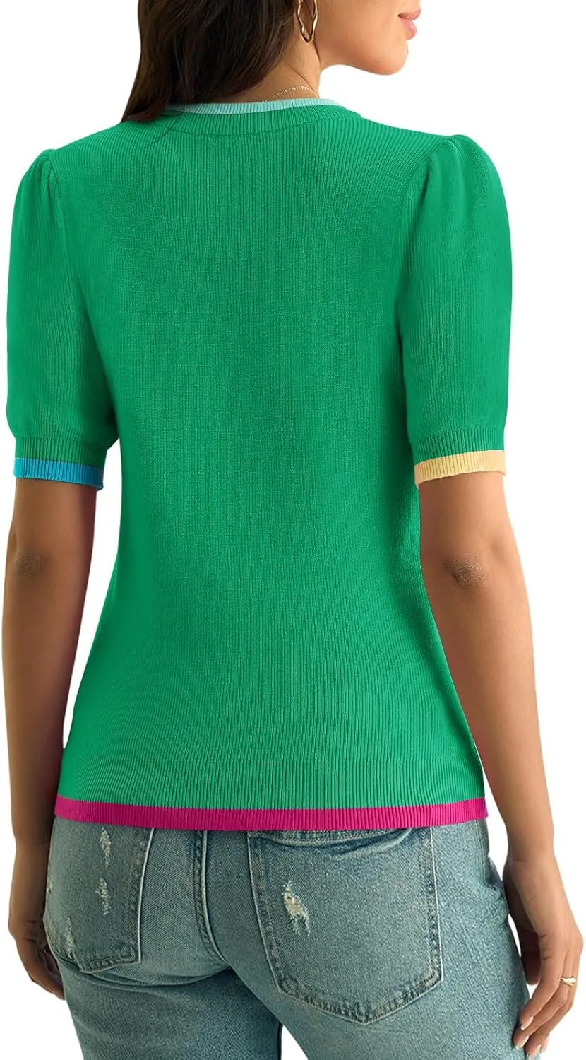 Yousify Womens Puff Short Sleeve Sweater Top Summer Trendy Crew Neck Casual T Shirts Blouses
