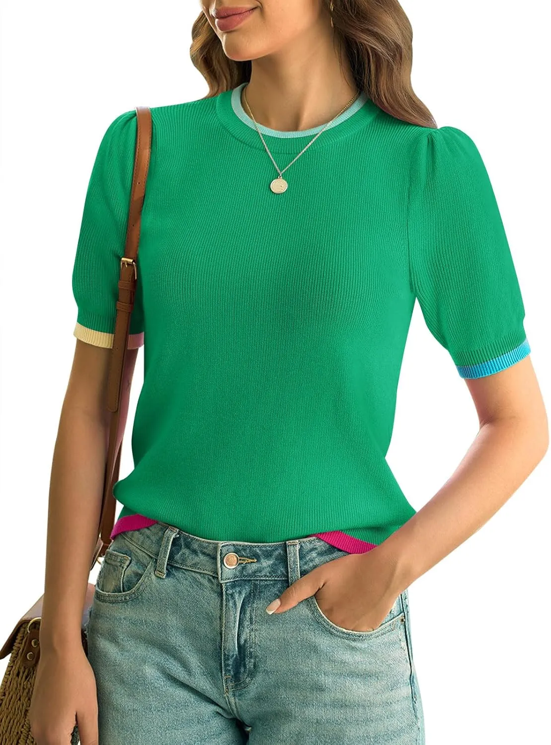 Yousify Womens Puff Short Sleeve Sweater Top Summer Trendy Crew Neck Casual T Shirts Blouses