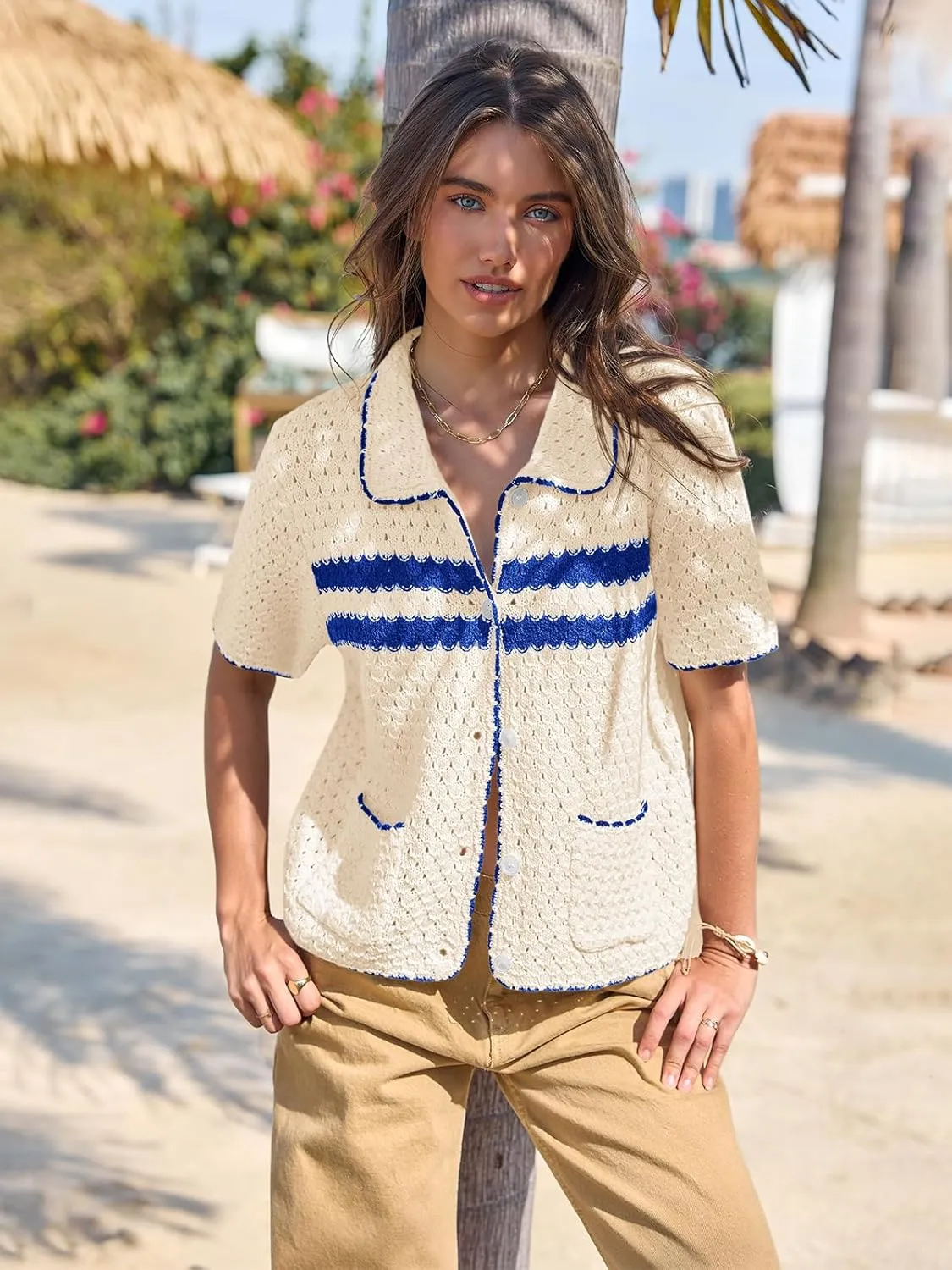 Yousify Womens Striped Short Sleeve Sweater Casual Knitted Button Down Crochet Cardigan Vintage Y2k Hollow-Out Tops