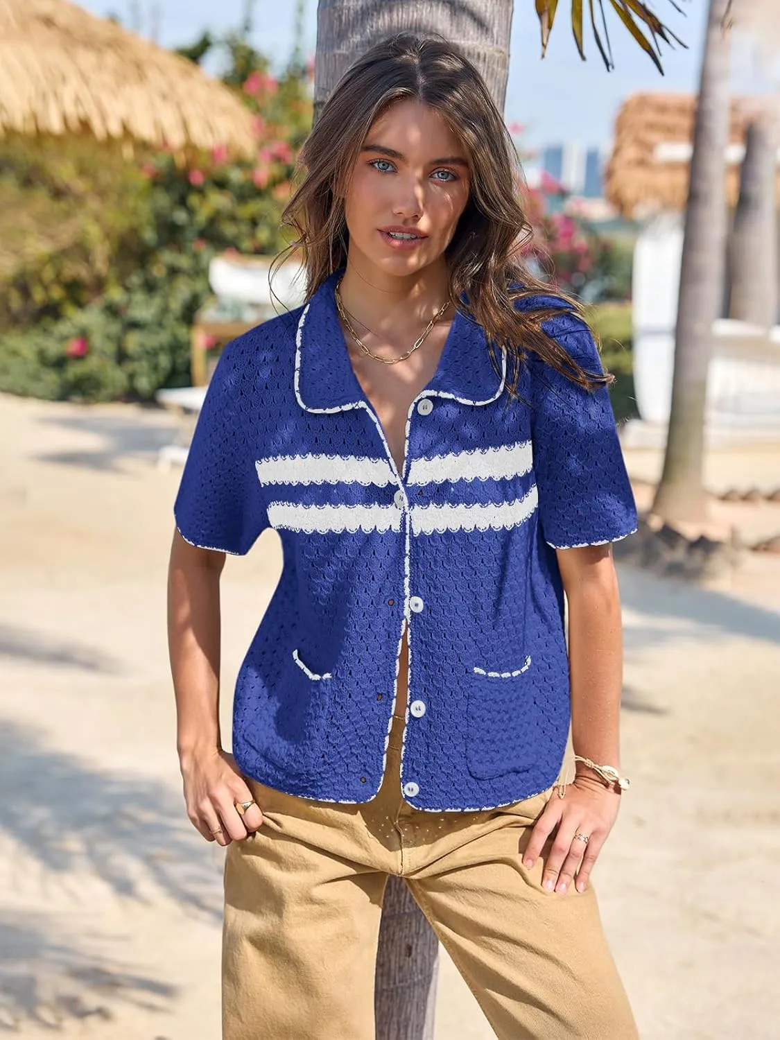 Yousify Womens Striped Short Sleeve Sweater Casual Knitted Button Down Crochet Cardigan Vintage Y2k Hollow-Out Tops