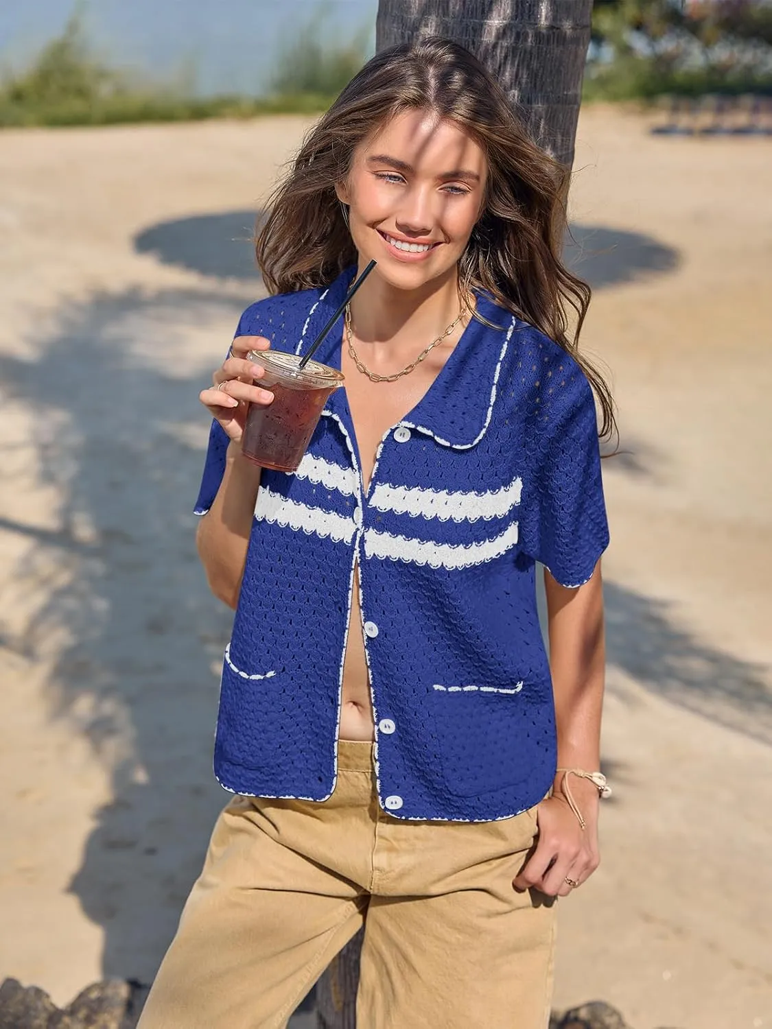 Yousify Womens Striped Short Sleeve Sweater Casual Knitted Button Down Crochet Cardigan Vintage Y2k Hollow-Out Tops