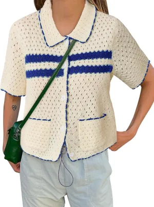 Yousify Womens Striped Short Sleeve Sweater Casual Knitted Button Down Crochet Cardigan Vintage Y2k Hollow-Out Tops