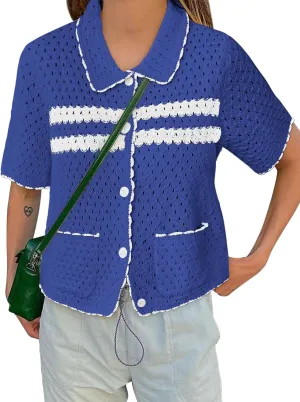 Yousify Womens Striped Short Sleeve Sweater Casual Knitted Button Down Crochet Cardigan Vintage Y2k Hollow-Out Tops