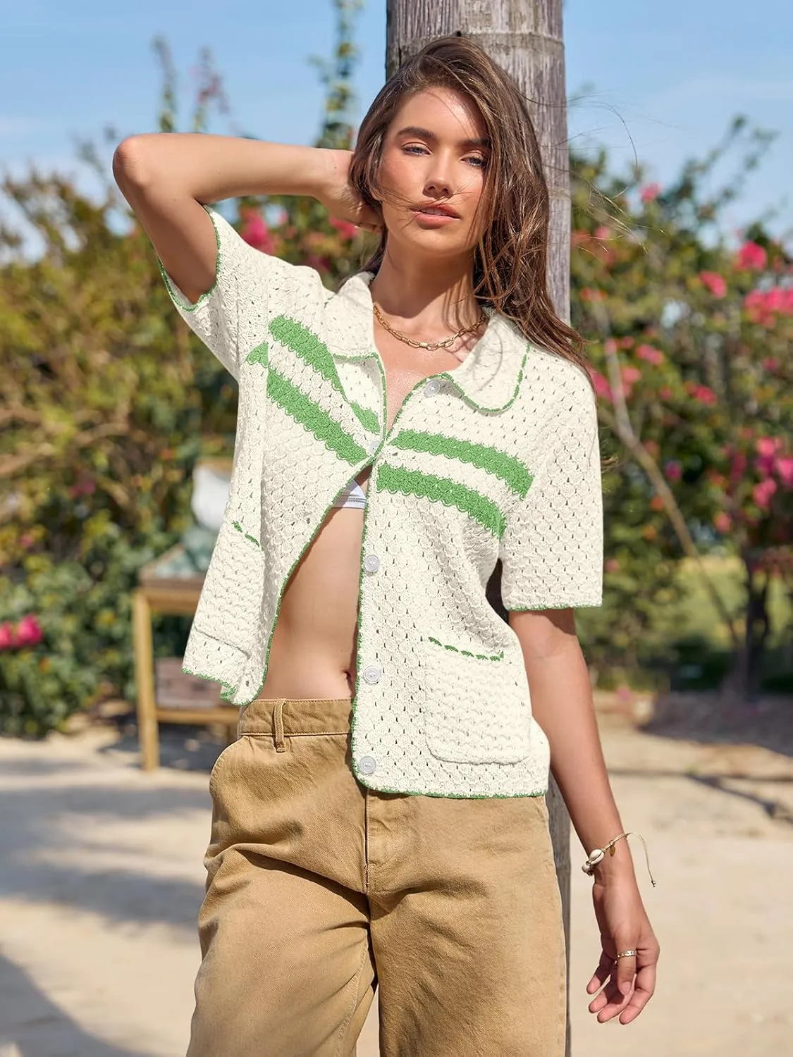 Yousify Womens Striped Short Sleeve Sweater Casual Knitted Button Down Crochet Cardigan Vintage Y2k Hollow-Out Tops