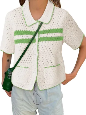 Yousify Womens Striped Short Sleeve Sweater Casual Knitted Button Down Crochet Cardigan Vintage Y2k Hollow-Out Tops