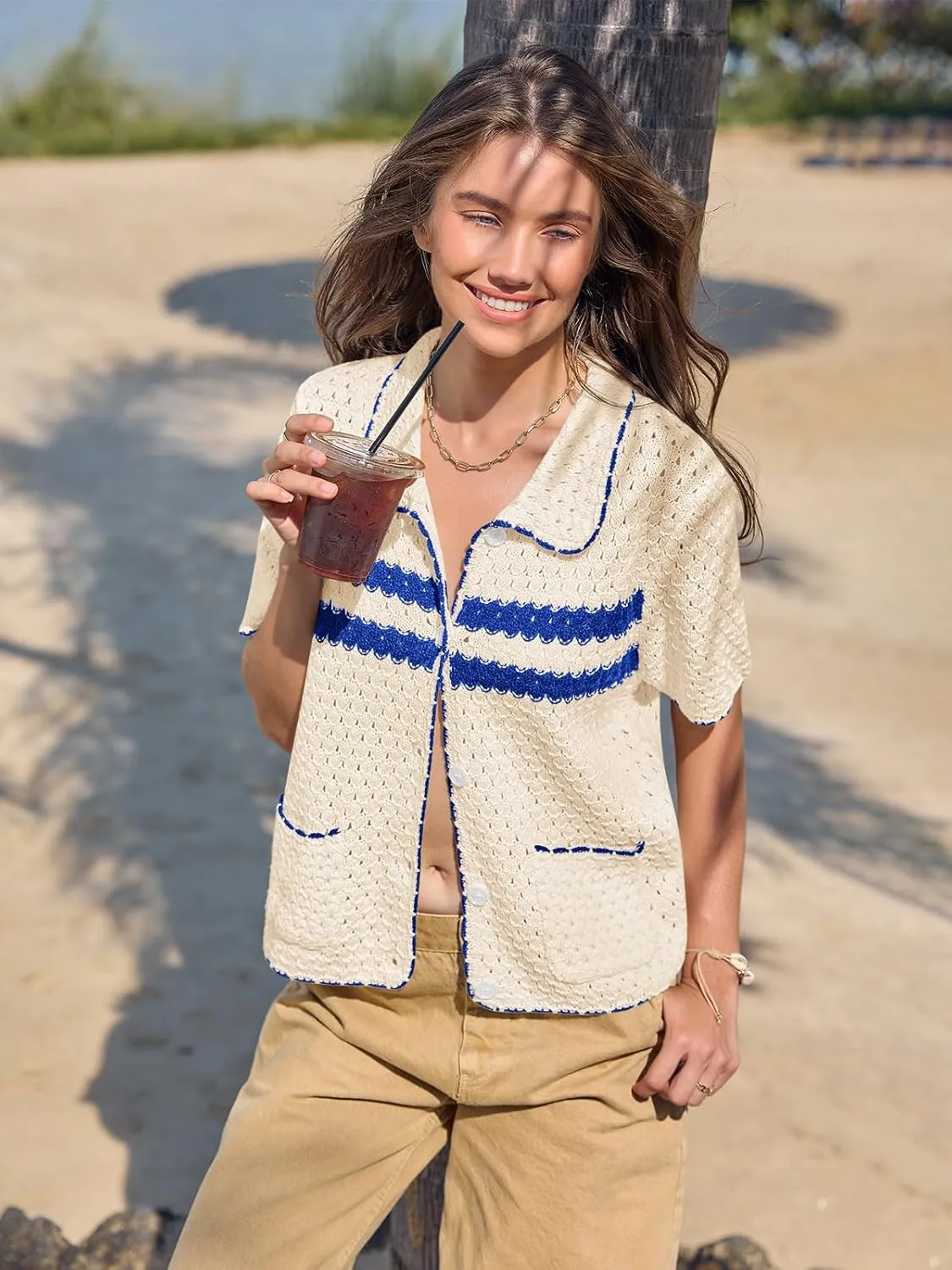 Yousify Womens Striped Short Sleeve Sweater Casual Knitted Button Down Crochet Cardigan Vintage Y2k Hollow-Out Tops