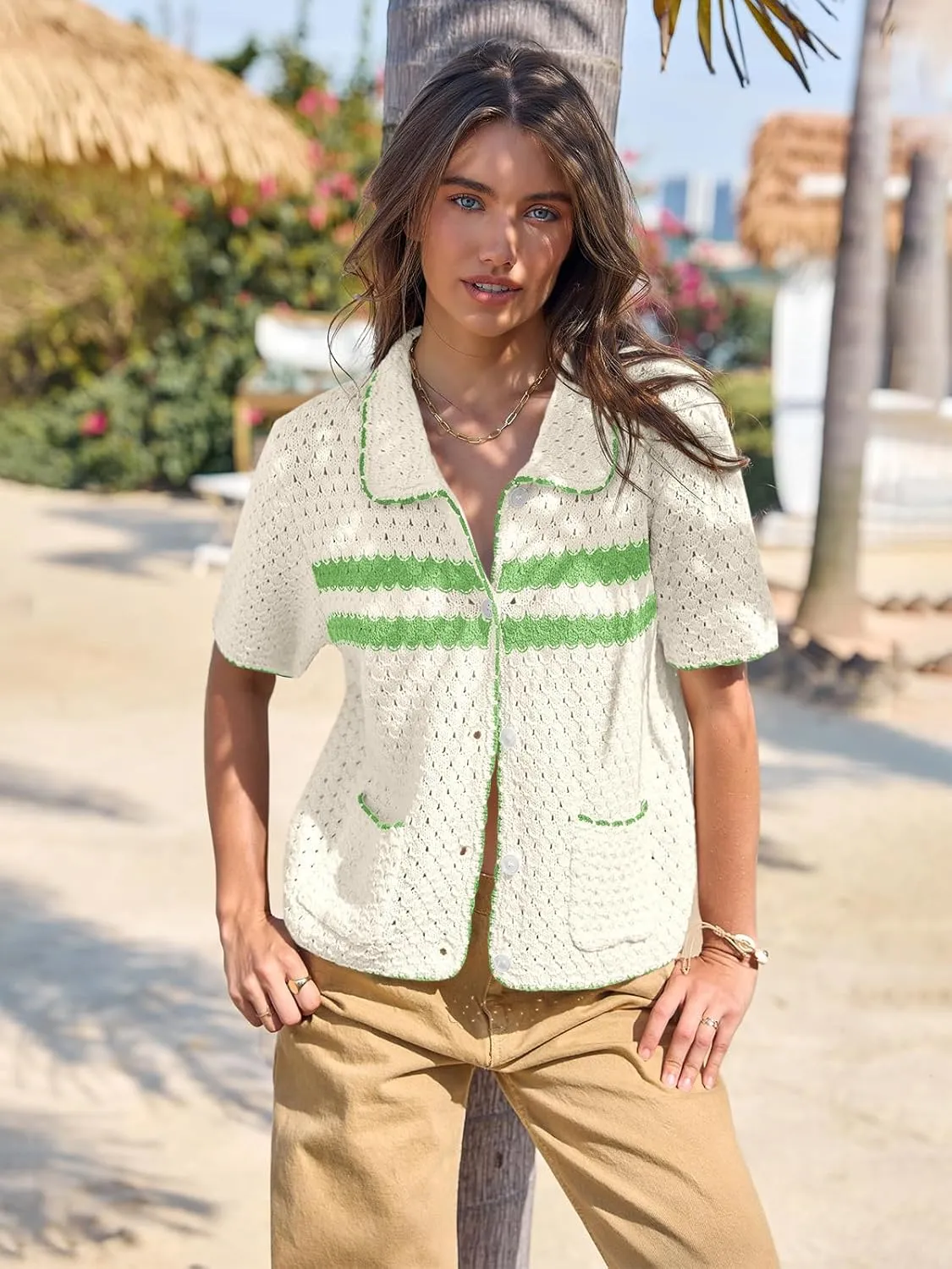 Yousify Womens Striped Short Sleeve Sweater Casual Knitted Button Down Crochet Cardigan Vintage Y2k Hollow-Out Tops