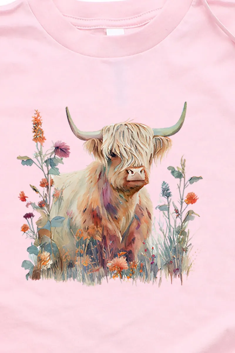 Youth Floral Highland Cow Short Sleeve Relaxed Fit T-Shirt