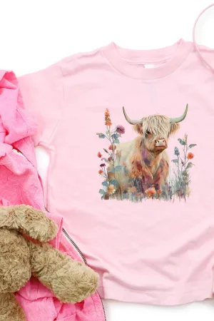 Youth Floral Highland Cow Short Sleeve Relaxed Fit T-Shirt