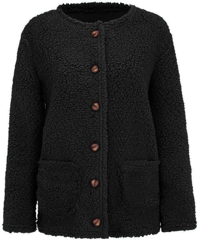 YRAETENM Womens Fleece Jacket Winter Warm Fuzzy Sherpa Jacket Casual Lightweight Button down Shaggy Coat Outwear with Pockets