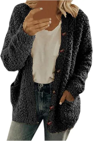YRAETENM Womens Fleece Jacket Winter Warm Fuzzy Sherpa Jacket Casual Lightweight Button down Shaggy Coat Outwear with Pockets