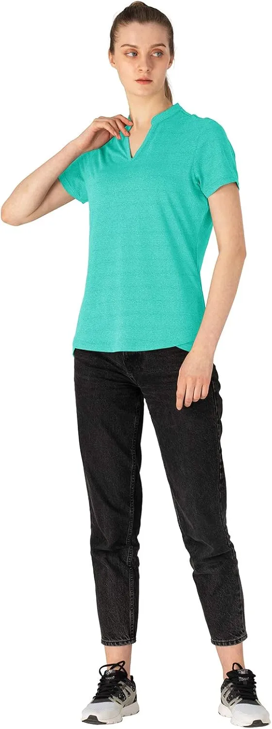 YSENTO Women's Dry Fit Golf Polo Shirts Tops Short Sleeve V Neck Collarless Apparel Shirts Clothes