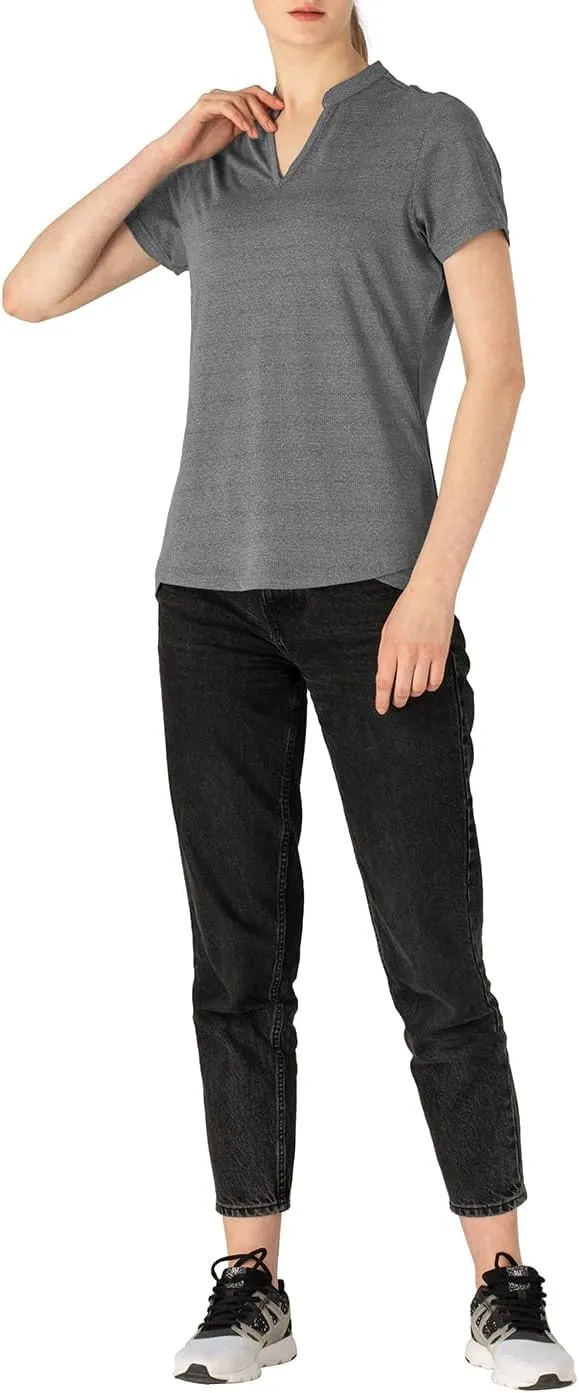 YSENTO Women's Dry Fit Golf Polo Shirts Tops Short Sleeve V Neck Collarless Apparel Shirts Clothes