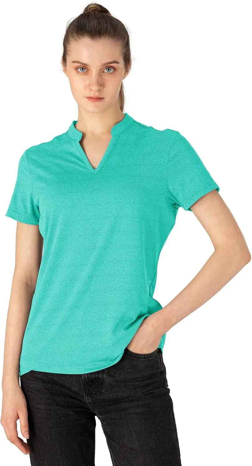 YSENTO Women's Dry Fit Golf Polo Shirts Tops Short Sleeve V Neck Collarless Apparel Shirts Clothes