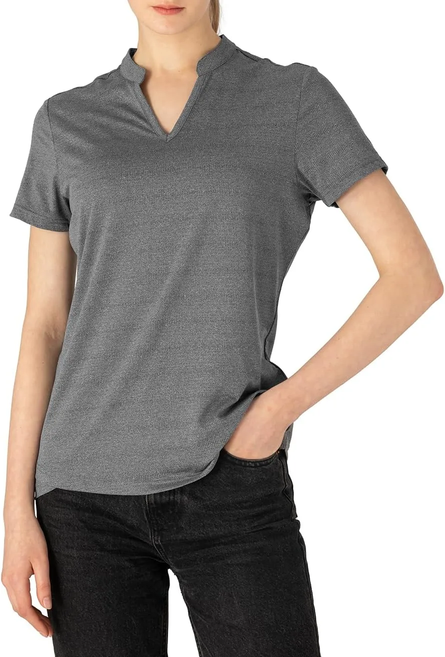 YSENTO Women's Dry Fit Golf Polo Shirts Tops Short Sleeve V Neck Collarless Apparel Shirts Clothes