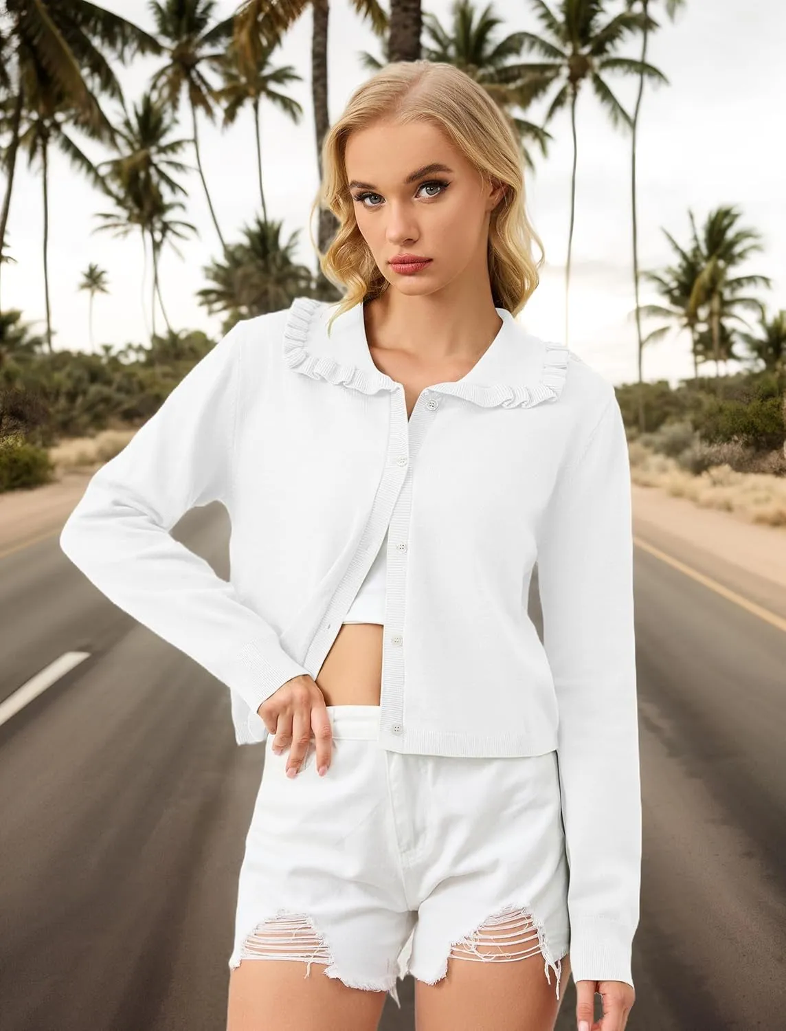 Ythomm Womens Ruffle Collar Cropped Cardigans Button Down Open Front Long Sleeve Knit Sweater Jackets Casual Solid Fall Tops