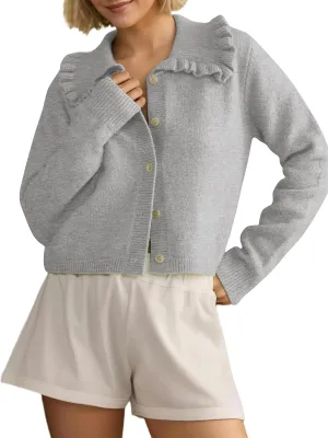 Ythomm Womens Ruffle Collar Cropped Cardigans Button Down Open Front Long Sleeve Knit Sweater Jackets Casual Solid Fall Tops
