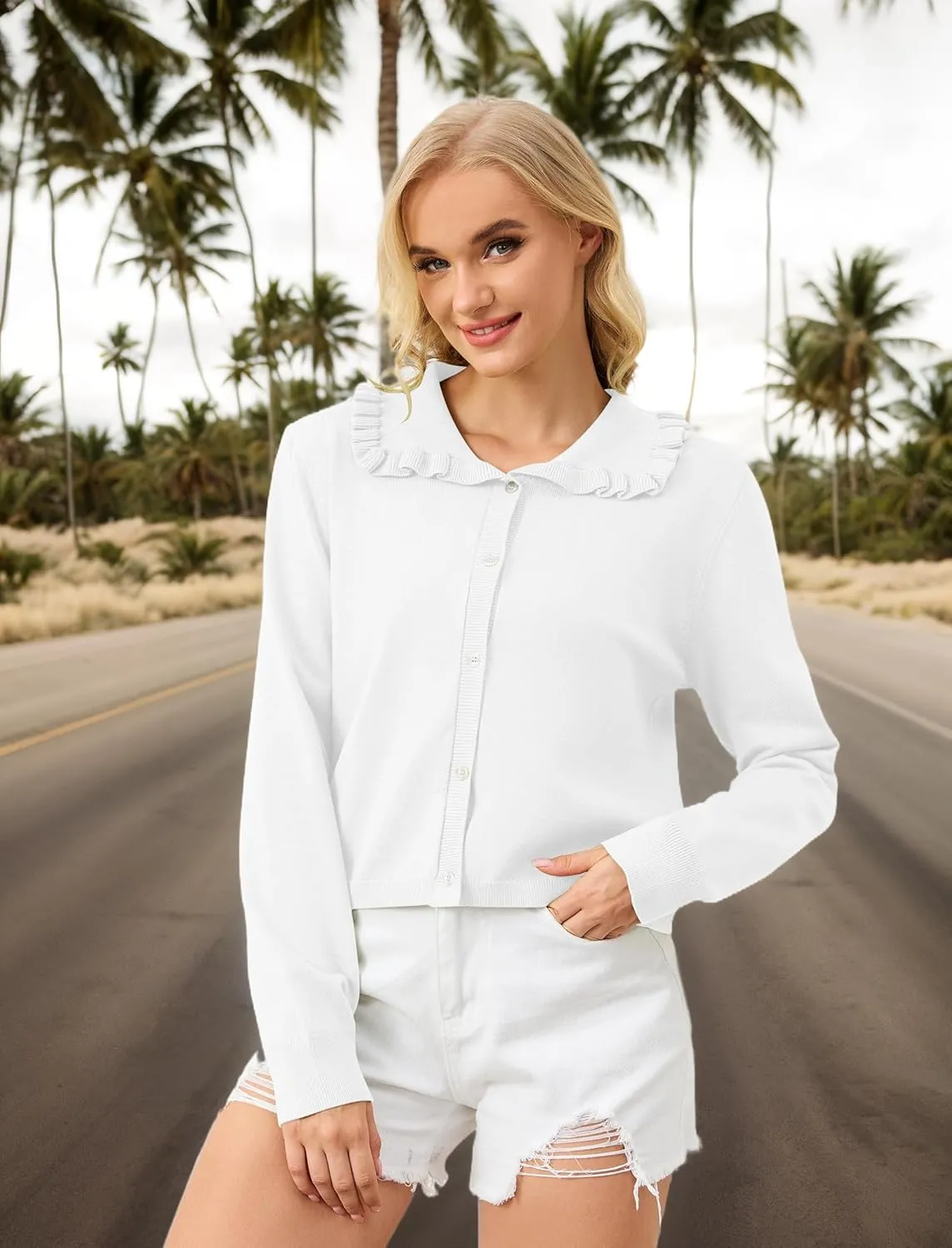 Ythomm Womens Ruffle Collar Cropped Cardigans Button Down Open Front Long Sleeve Knit Sweater Jackets Casual Solid Fall Tops
