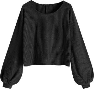 ZAFUL Women Ribbed Knit Long Sleeve Tops Shirts Lantern Sleeve Oversized Pullover Crop Sweater