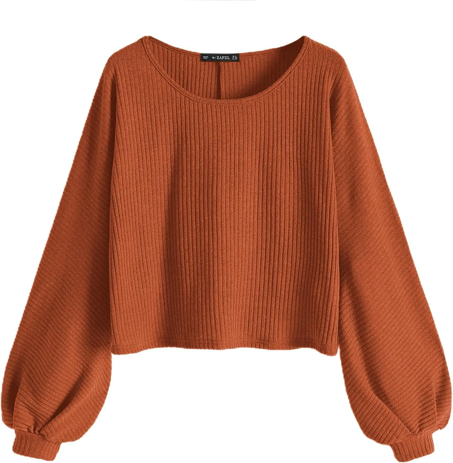ZAFUL Women Ribbed Knit Long Sleeve Tops Shirts Lantern Sleeve Oversized Pullover Crop Sweater