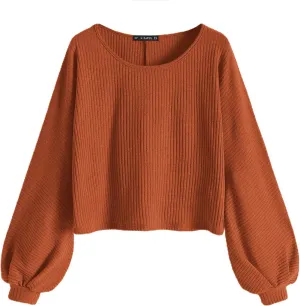 ZAFUL Women Ribbed Knit Long Sleeve Tops Shirts Lantern Sleeve Oversized Pullover Crop Sweater