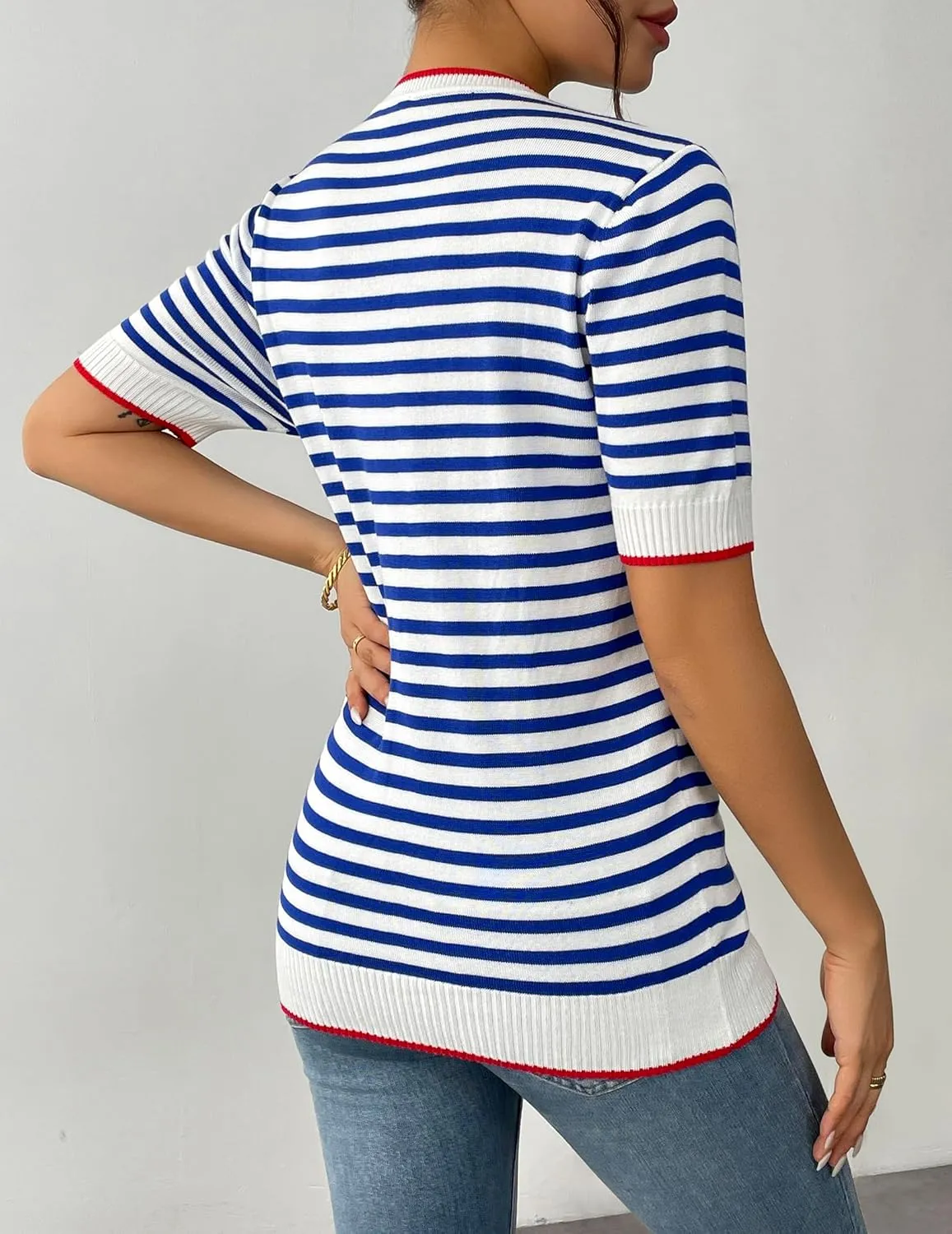 Zeagoo Womens Summer Tops Casual Short Sleeve Striped Sweater Shirt Crewneck Color Block Knit Blouses