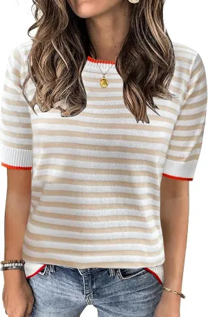 Zeagoo Womens Summer Tops Casual Short Sleeve Striped Sweater Shirt Crewneck Color Block Knit Blouses