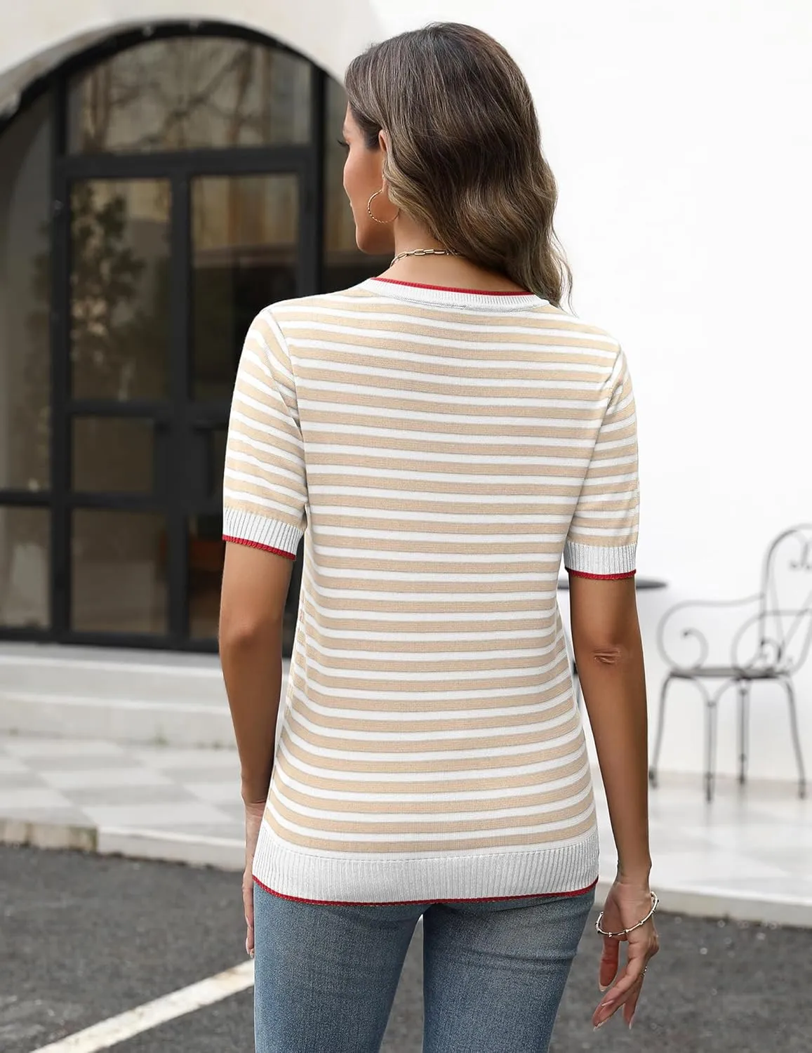 Zeagoo Womens Summer Tops Casual Short Sleeve Striped Sweater Shirt Crewneck Color Block Knit Blouses