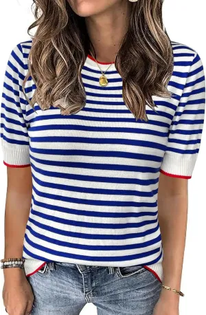 Zeagoo Womens Summer Tops Casual Short Sleeve Striped Sweater Shirt Crewneck Color Block Knit Blouses