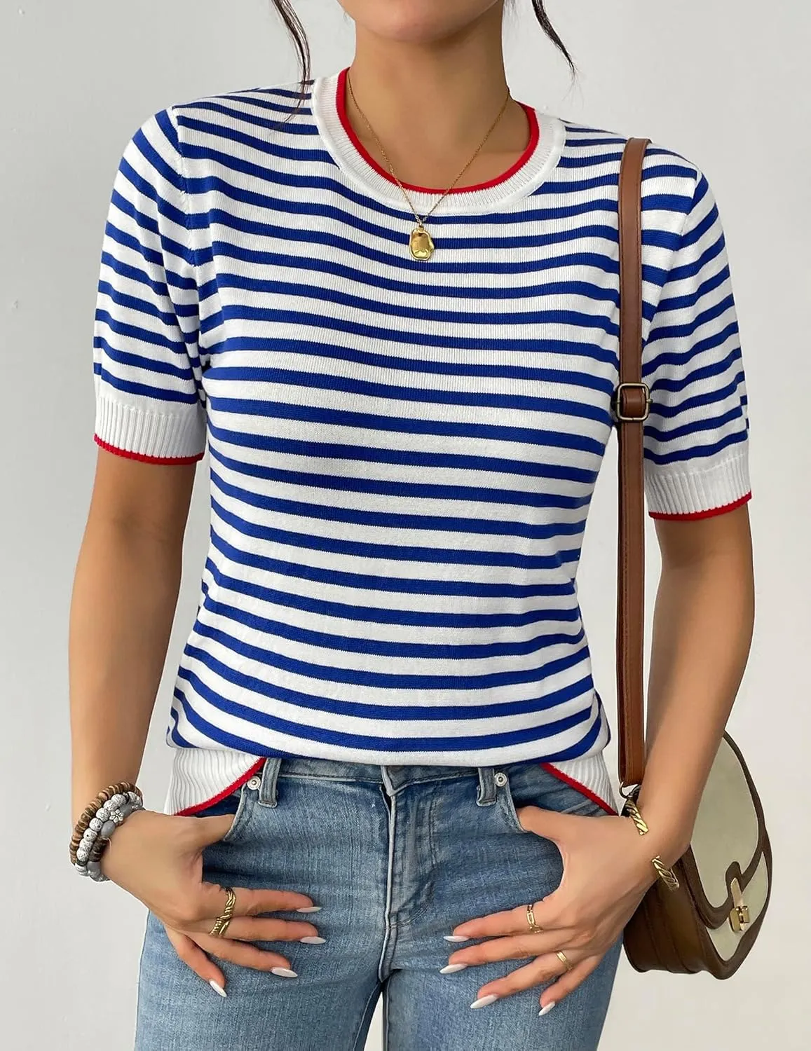 Zeagoo Womens Summer Tops Casual Short Sleeve Striped Sweater Shirt Crewneck Color Block Knit Blouses