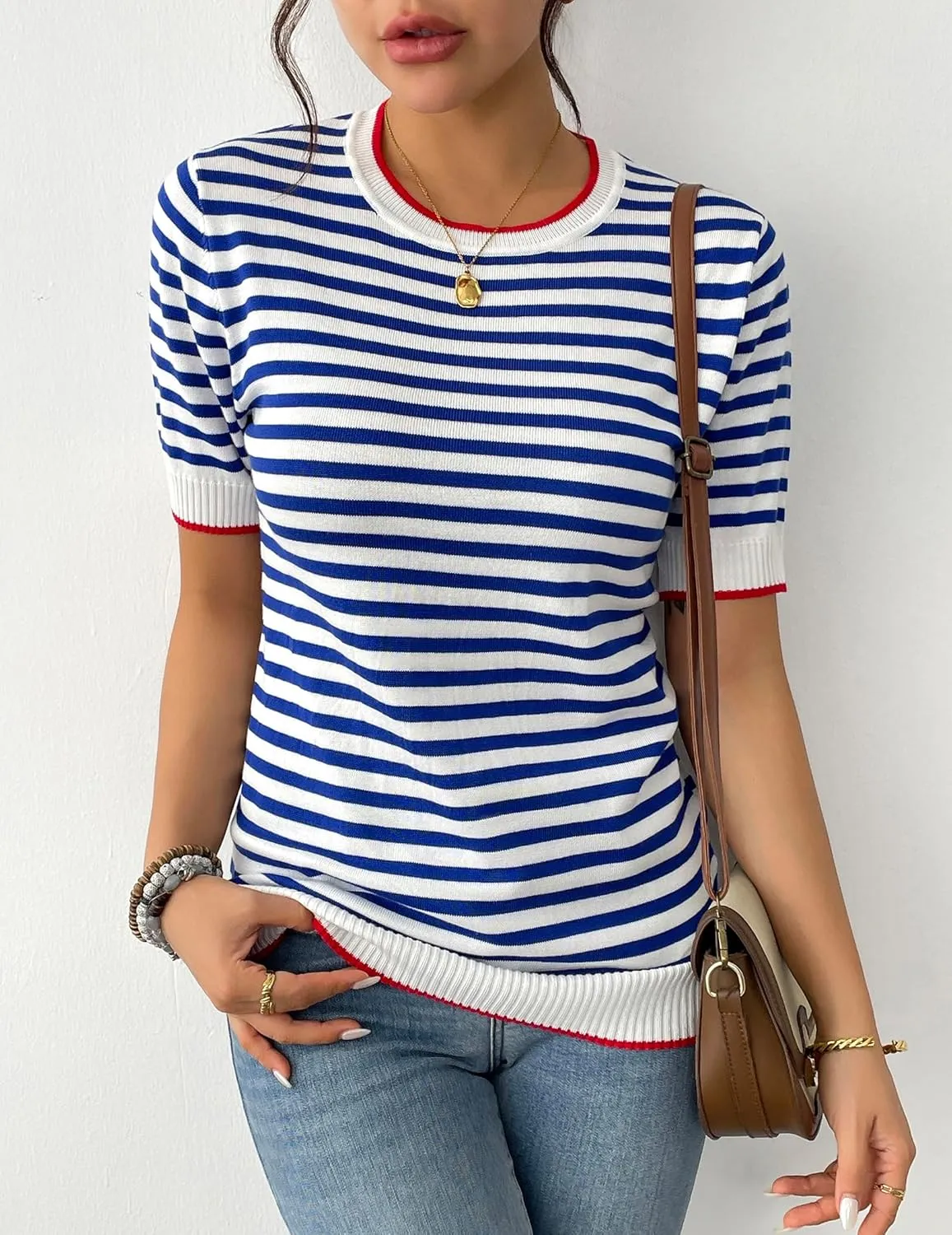 Zeagoo Womens Summer Tops Casual Short Sleeve Striped Sweater Shirt Crewneck Color Block Knit Blouses