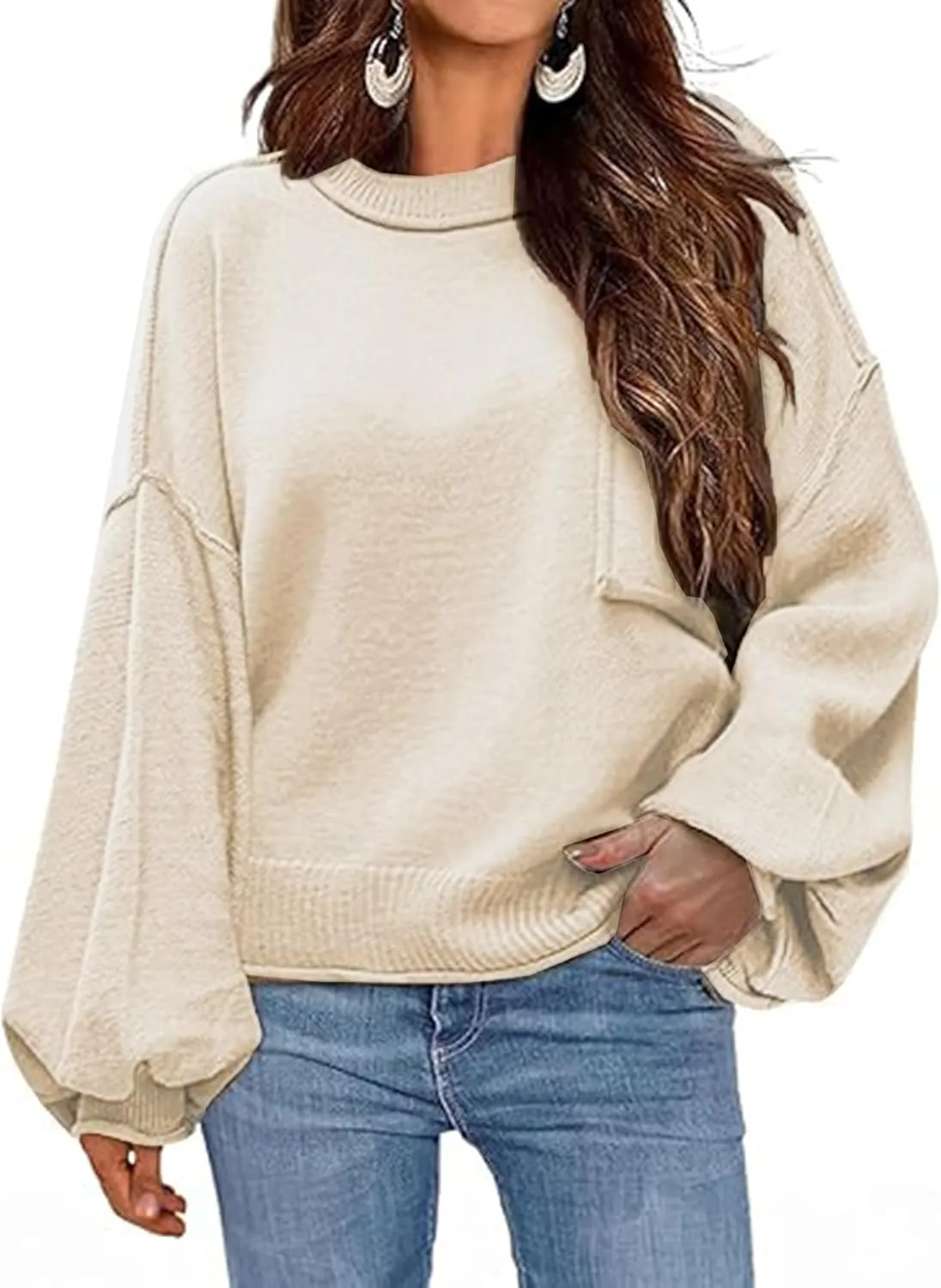 Zeagoo Womens Sweaters 2024 Fall Trendy Outfits Long Sleeve Crew Neck Knit Lantern Pullover Sweater Tops