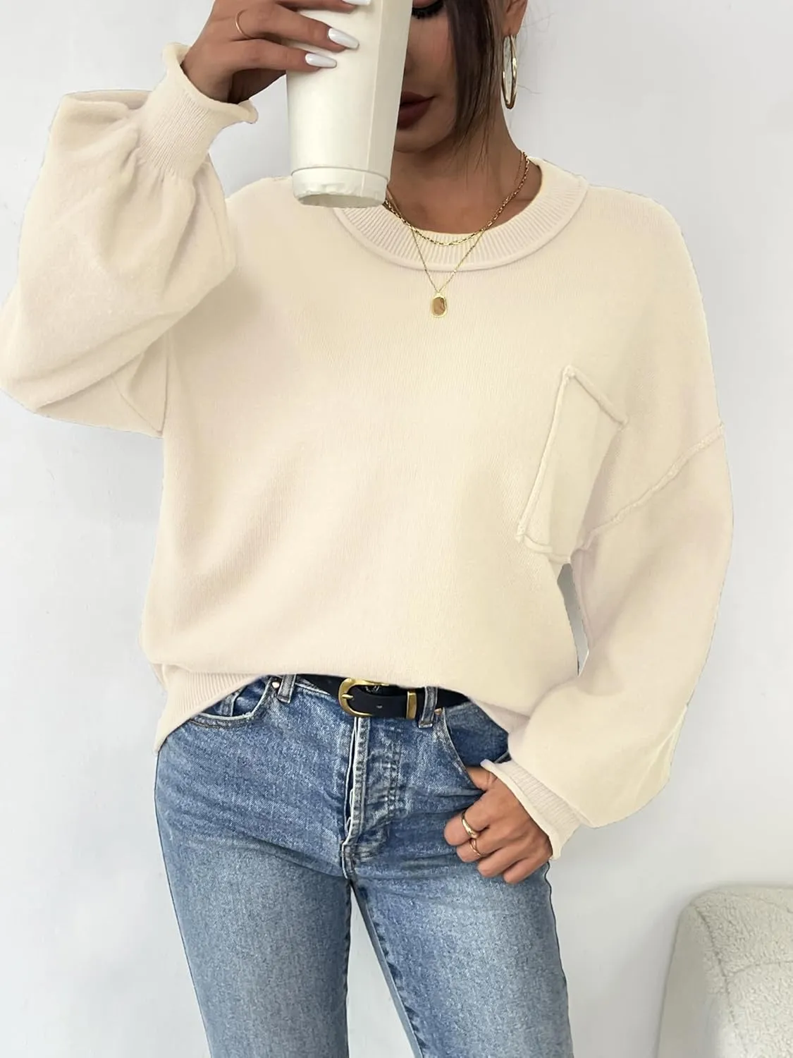 Zeagoo Womens Sweaters 2024 Fall Trendy Outfits Long Sleeve Crew Neck Knit Lantern Pullover Sweater Tops