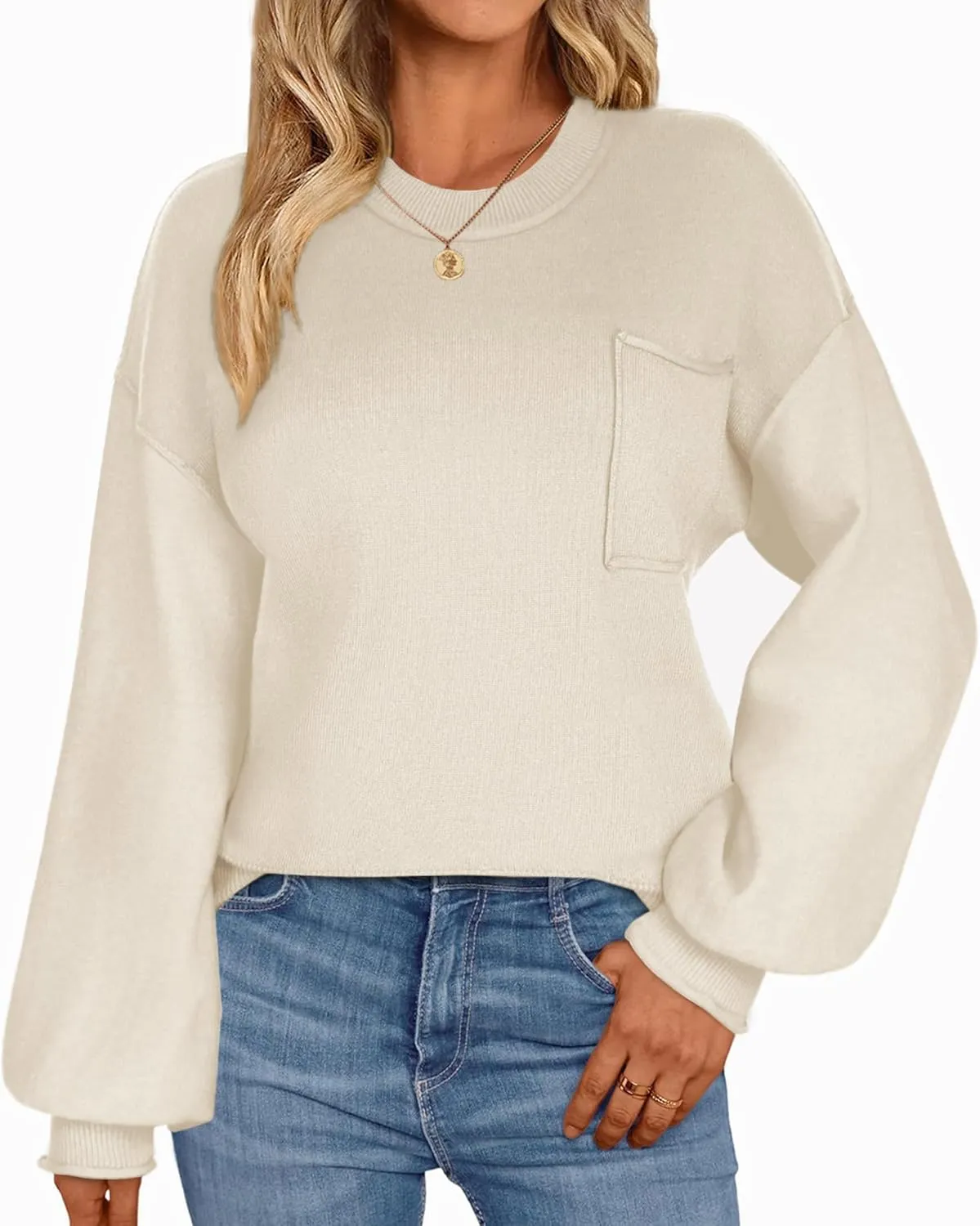 Zeagoo Womens Sweaters 2024 Fall Trendy Outfits Long Sleeve Crew Neck Knit Lantern Pullover Sweater Tops