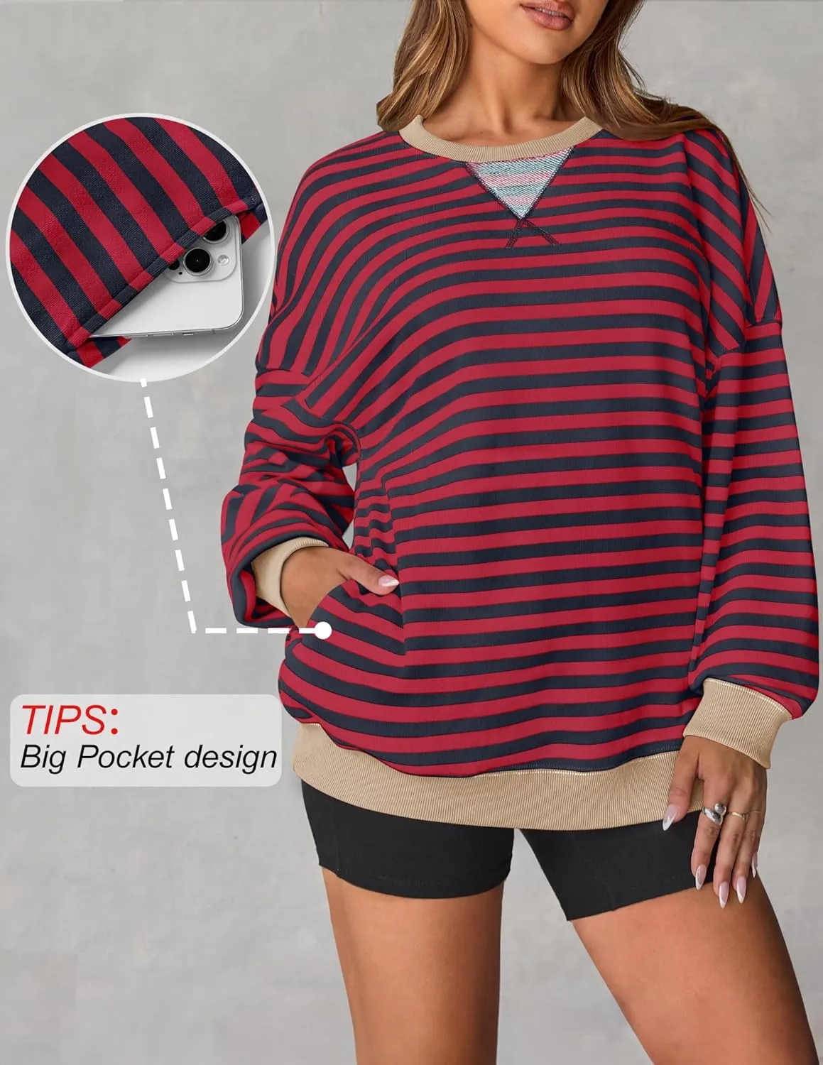 ZESICA Womens Casual Striped Pullover Tops Long Sleeve Shirts Crewneck Oversized Sweatshirts Spring Clothes