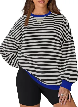 ZESICA Womens Casual Striped Pullover Tops Long Sleeve Shirts Crewneck Oversized Sweatshirts Spring Clothes