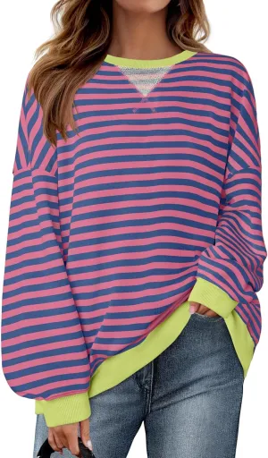 ZESICA Womens Casual Striped Pullover Tops Long Sleeve Shirts Crewneck Oversized Sweatshirts Spring Clothes