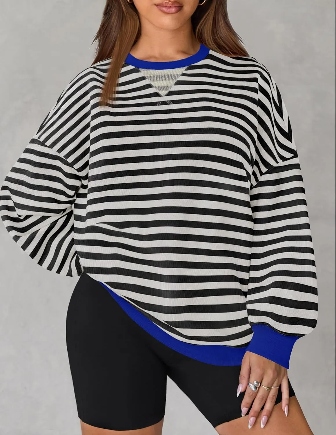 ZESICA Womens Casual Striped Pullover Tops Long Sleeve Shirts Crewneck Oversized Sweatshirts Spring Clothes