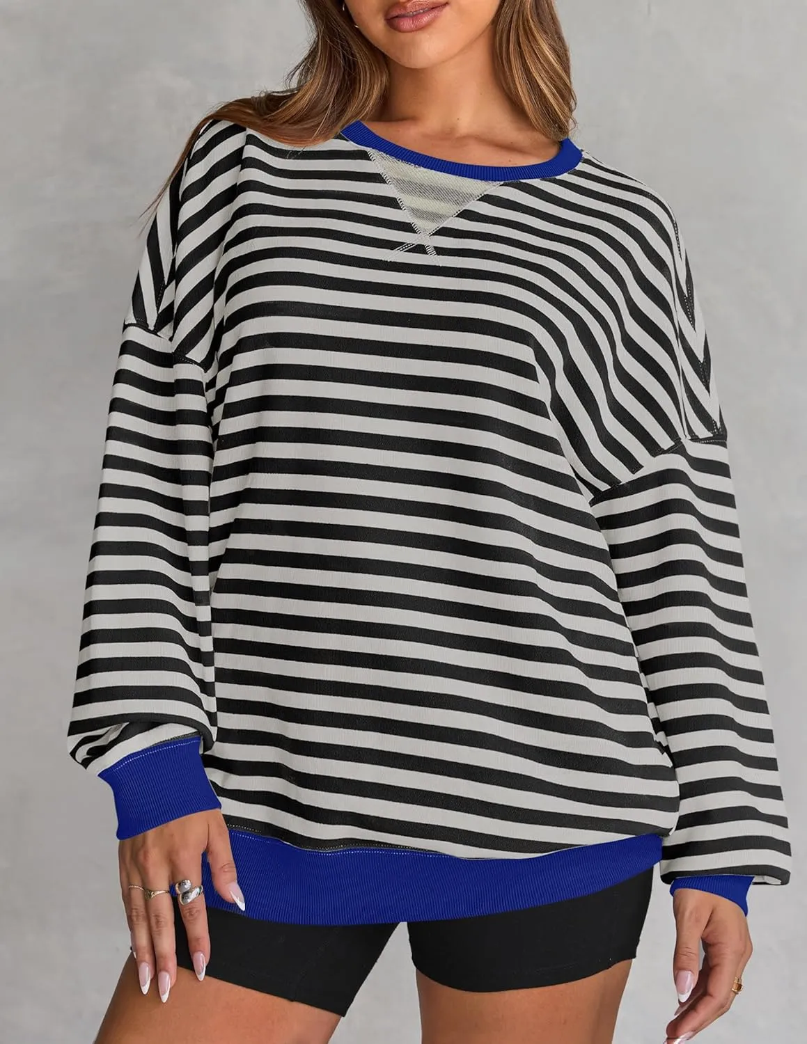 ZESICA Womens Casual Striped Pullover Tops Long Sleeve Shirts Crewneck Oversized Sweatshirts Spring Clothes