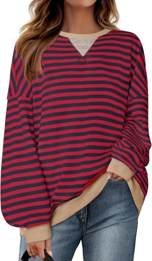 ZESICA Womens Casual Striped Pullover Tops Long Sleeve Shirts Crewneck Oversized Sweatshirts Spring Clothes