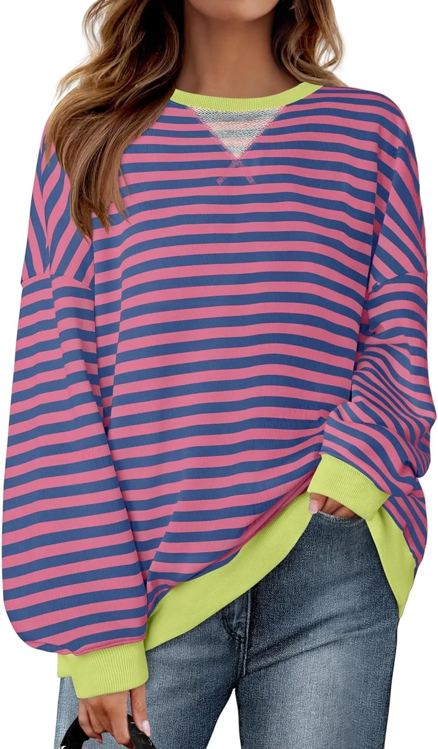 ZESICA Womens Casual Striped Pullover Tops Long Sleeve Shirts Crewneck Oversized Sweatshirts Spring Clothes