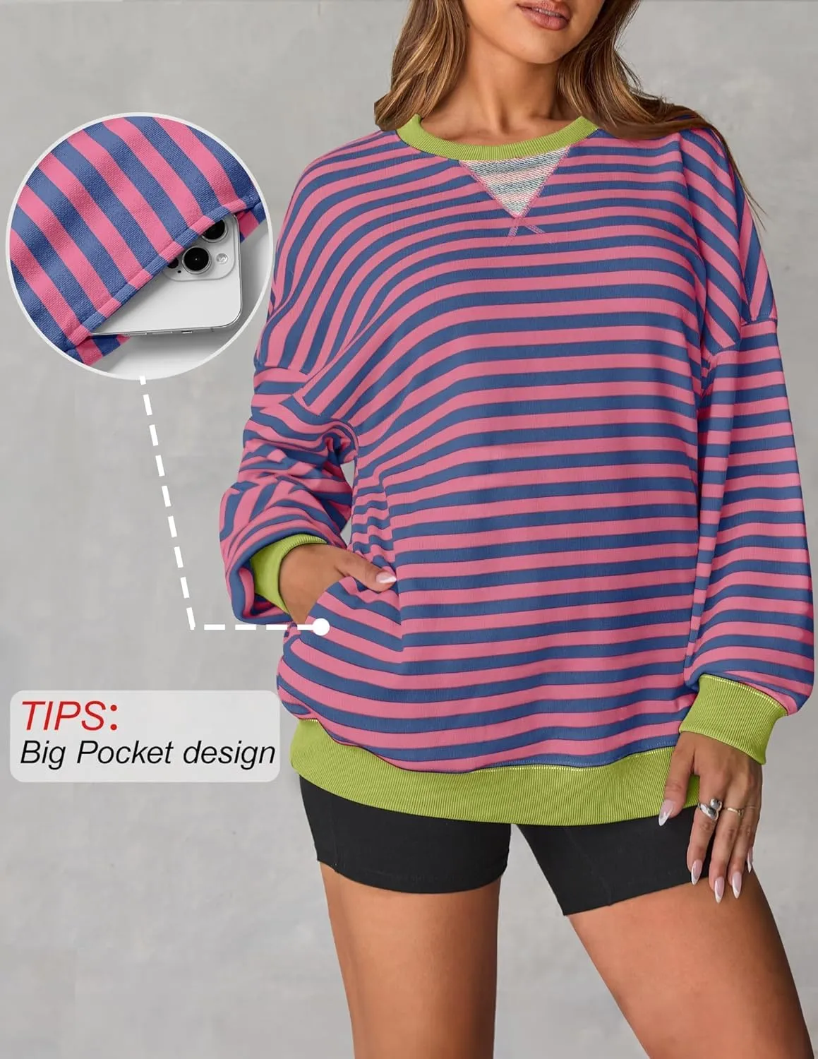 ZESICA Womens Casual Striped Pullover Tops Long Sleeve Shirts Crewneck Oversized Sweatshirts Spring Clothes