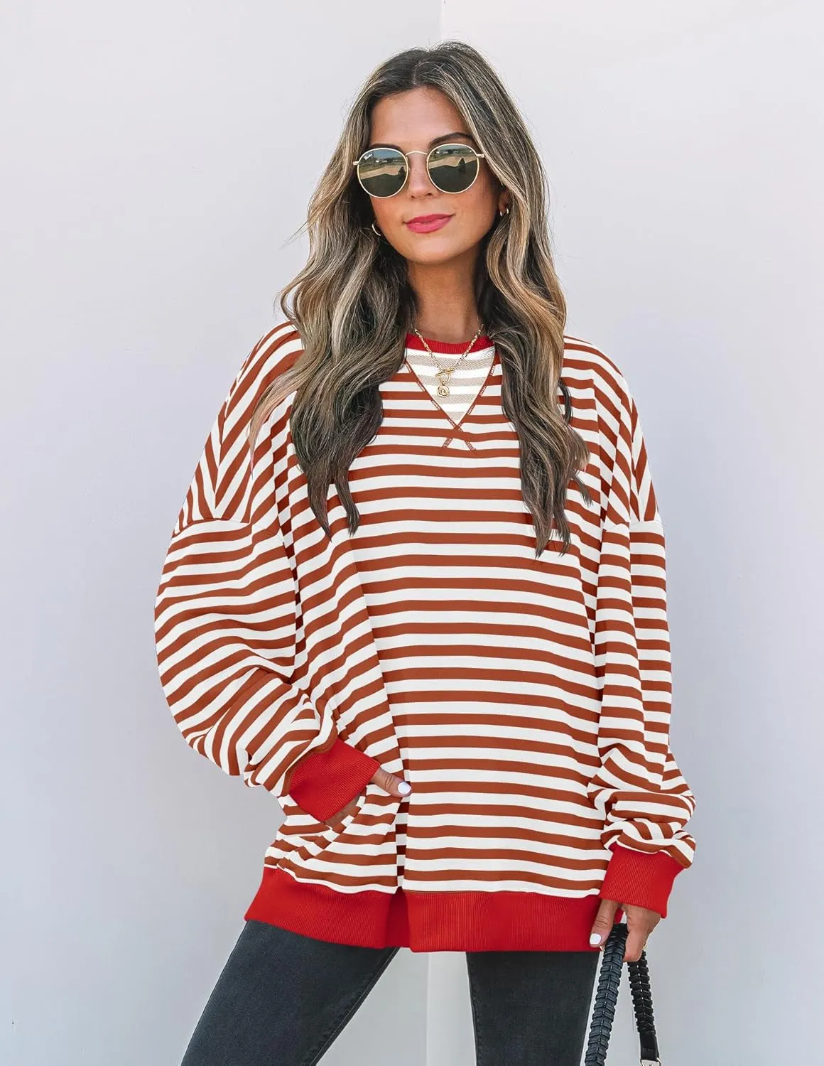 ZESICA Womens Casual Striped Pullover Tops Long Sleeve Shirts Crewneck Oversized Sweatshirts Spring Clothes