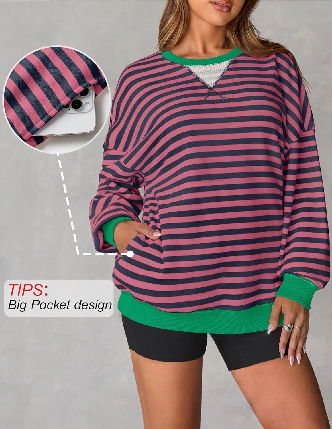ZESICA Womens Casual Striped Pullover Tops Long Sleeve Shirts Crewneck Oversized Sweatshirts Spring Clothes