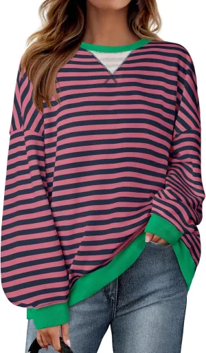 ZESICA Womens Casual Striped Pullover Tops Long Sleeve Shirts Crewneck Oversized Sweatshirts Spring Clothes