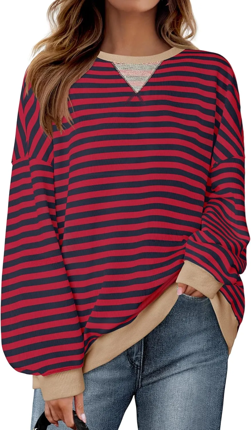ZESICA Womens Casual Striped Pullover Tops Long Sleeve Shirts Crewneck Oversized Sweatshirts Spring Clothes