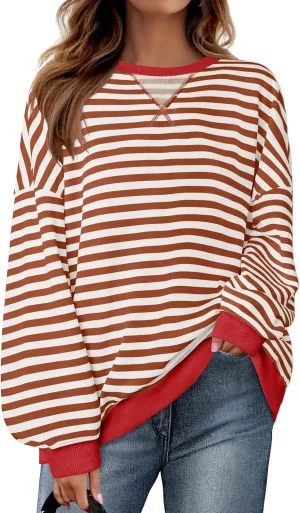 ZESICA Womens Casual Striped Pullover Tops Long Sleeve Shirts Crewneck Oversized Sweatshirts Spring Clothes