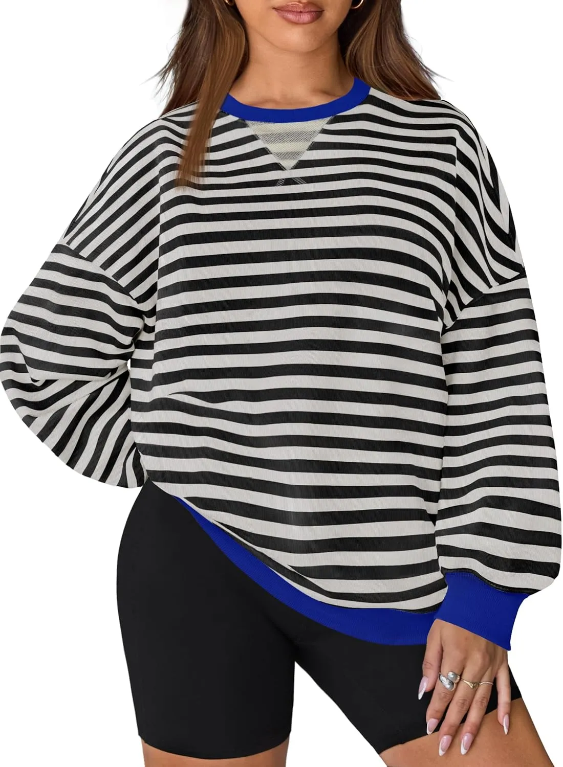 ZESICA Womens Casual Striped Pullover Tops Long Sleeve Shirts Crewneck Oversized Sweatshirts Spring Clothes